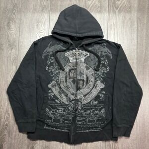 Avirex Mens Black Graphic Zip Up Hoodie Crest Crown Studded Y2K Streetwear L